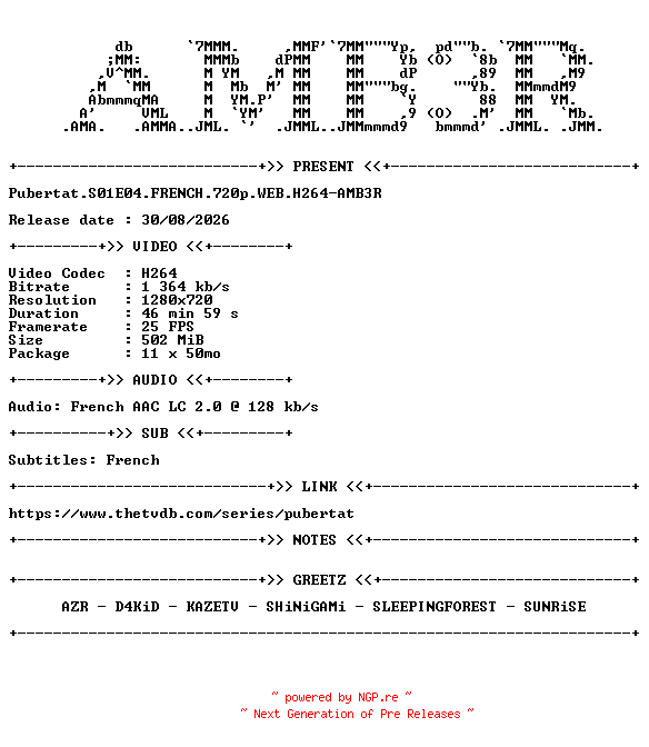NFO for the release Pubertat.S01E04.FRENCH.720p.WEB.H264-AMB3R by AMB3R