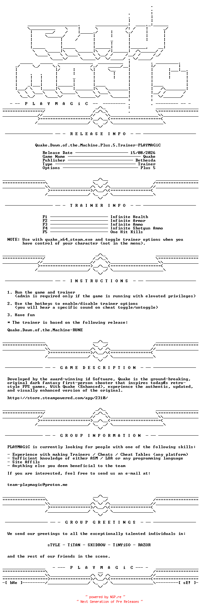 NFO for the release Quake.Dawn.of.the.Machine.Plus.5.Trainer-PLAYMAGiC by PLAYMAGiC