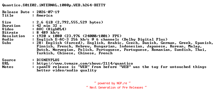 NFO for the release Quantico.S01E02.iNTERNAL.1080p.WEB.h264-BETTY by BETTY