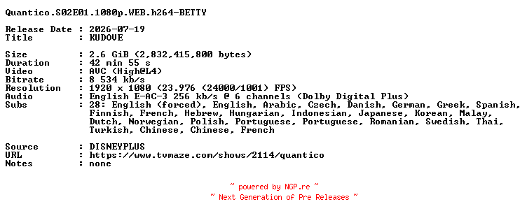 NFO for the release Quantico.S02E01.1080p.WEB.h264-BETTY by BETTY