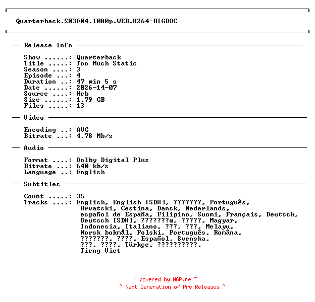 NFO for the release Quarterback.S03E04.1080p.WEB.H264-BIGDOC by BIGDOC