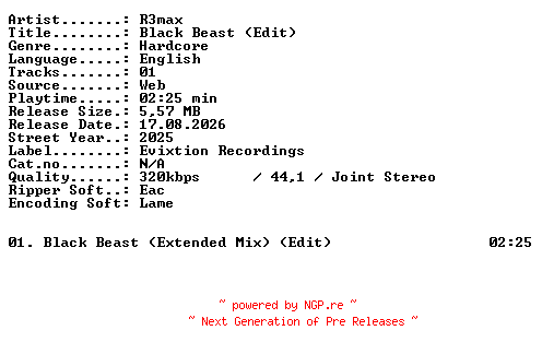 NFO for the release R3max-Black_Beast_(Edit)-SINGLE-WEB-2025-XTC_iNT by XTC_iNT