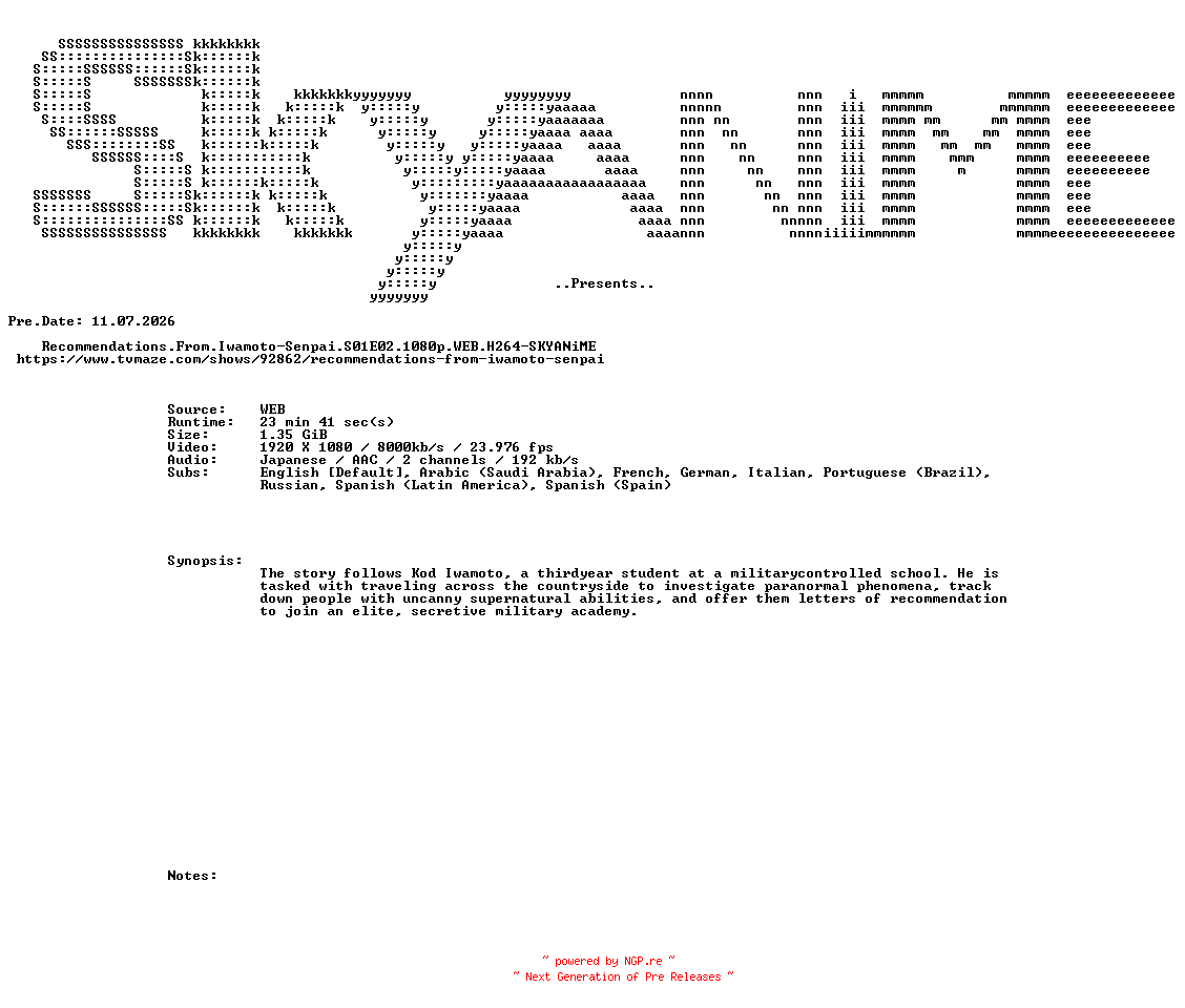 NFO for the release Recommendations.From.Iwamoto-Senpai.S01E02.1080p.WEB.H264-SKYANiME by SKYANiME