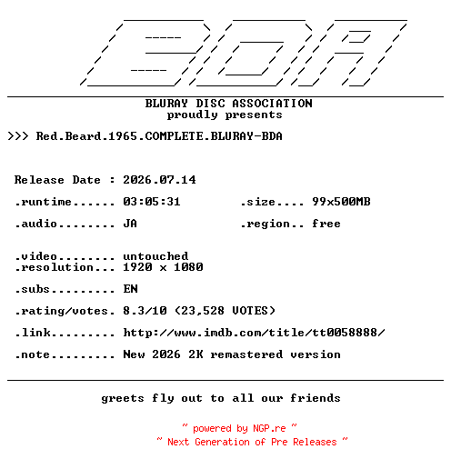 NFO for the release Red.Beard.1965.COMPLETE.BLURAY-BDA by BDA