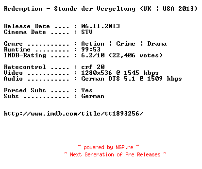 NFO for the release Redemption.Stunde.der.Vergeltung.2013.German.720p.BluRay.x264-EXQUiSiTE by EXQUiSiTE