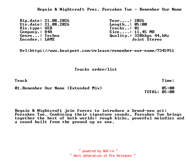 NFO for the release Regain_And_Nightcraft_Pres._Forsaken_Two_-_Remember_Our_Name-(H4HR059E)-SINGLE-WEB-2026-FMC by FMC