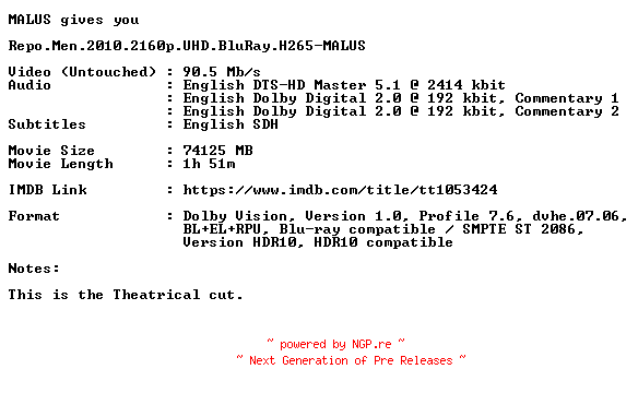 NFO for the release Repo.Men.2010.2160p.UHD.BluRay.H265-MALUS by MALUS