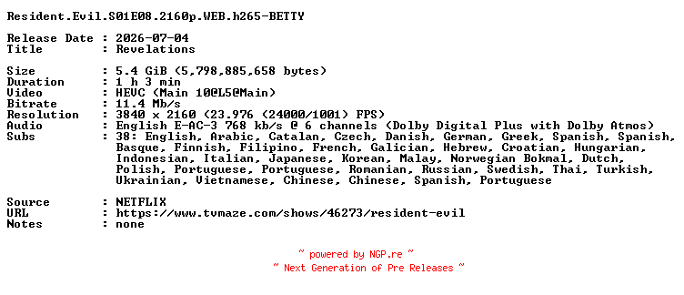 NFO for the release Resident.Evil.S01E08.2160p.WEB.h265-BETTY by BETTY