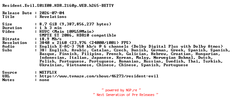 NFO for the release Resident.Evil.S01E08.HDR.2160p.WEB.h265-BETTY by BETTY