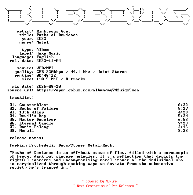 NFO for the release Righteous_Goat-Paths_of_Deviance-WEB-2022-BLEEDiNG by BLEEDiNG