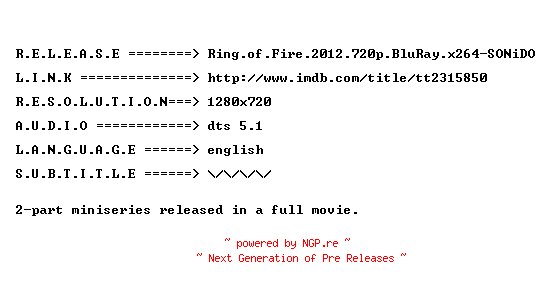 NFO for the release Ring.of.Fire.2012.720p.BluRay.x264-SONiDO by SONiDO