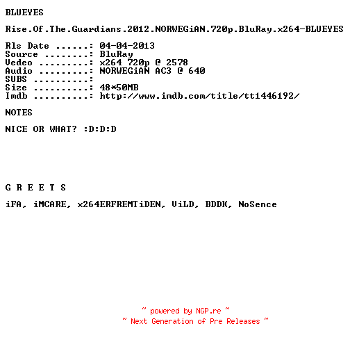 NFO for the release Rise.Of.The.Guardians.2012.NORWEGiAN.720p.BluRay.x264-BLUEYES by BLUEYES
