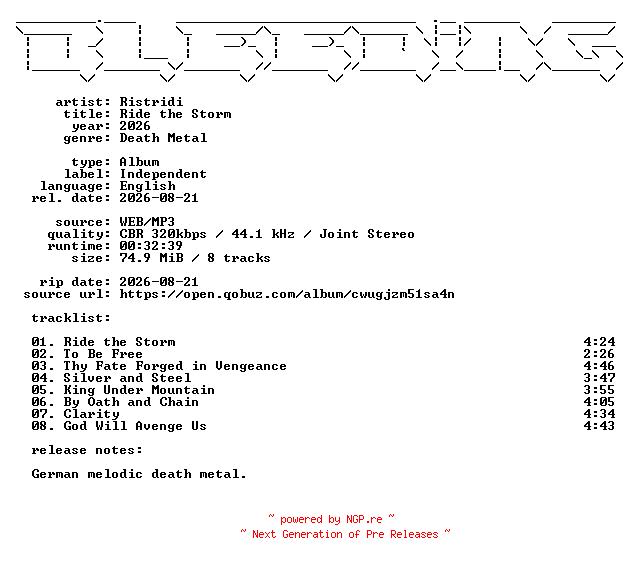 NFO for the release Ristridi-Ride_the_Storm-WEB-2026-BLEEDiNG by BLEEDiNG