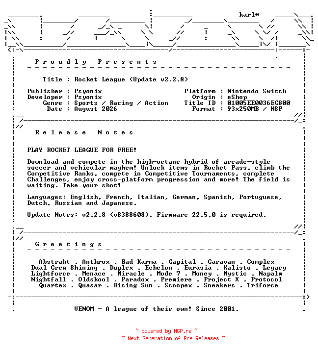 NFO for the release Rocket_League_Ultimate_Edition_Update_v2.2.8_NSW-VENOM by VENOM