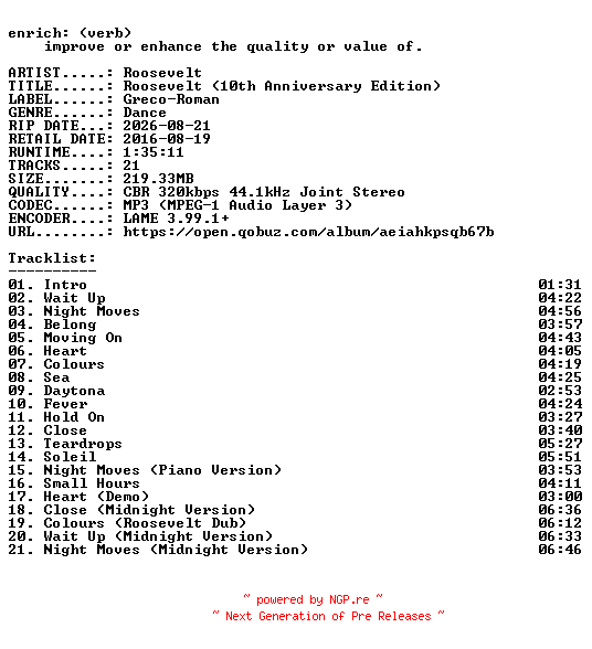 NFO for the release Roosevelt-Roosevelt_(10th_Anniversary_Edition)-WEB-2026-ENRiCH by ENRiCH