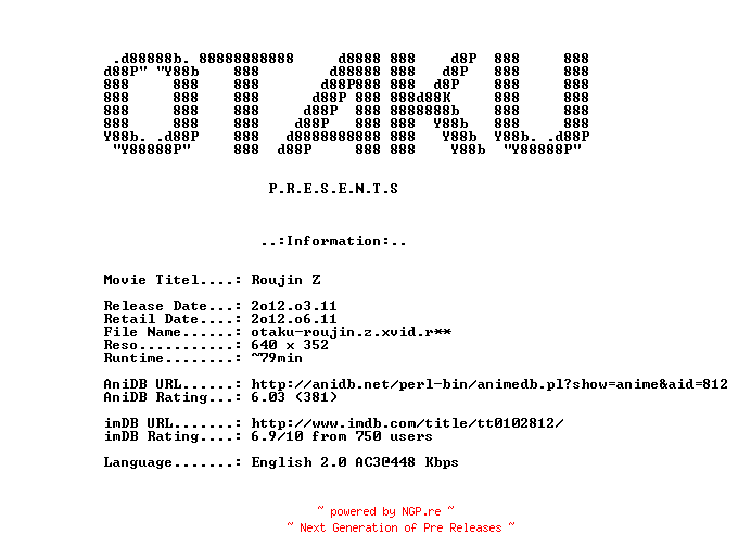 NFO for the release Roujin.Z.1991.BDRiP.XviD-OTAKU by OTAKU
