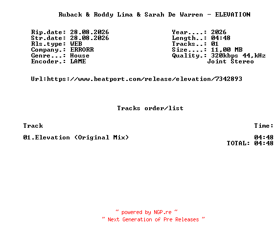 NFO for the release Ruback_And_Roddy_Lima_And_Sarah_De_Warren_-_ELEVATION_(Original_Mix)-SINGLE-WEB-2026-FMC by FMC