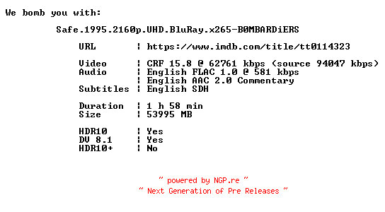 NFO for the release Safe.1995.2160p.UHD.BluRay.x265-B0MBARDiERS by B0MBARDiERS