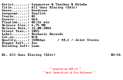 NFO for the release Samynator_and_Tharken_and_Akimbo-All_Guns_Blazing_(Edit)-SINGLE-WEB-2025-XTC_iNT by XTC_iNT