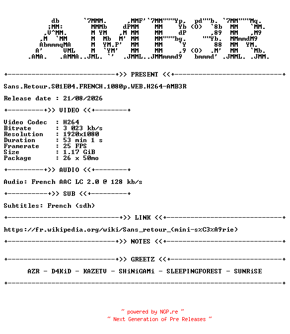NFO for the release Sans.Retour.S01E04.FRENCH.1080p.WEB.H264-AMB3R by AMB3R
