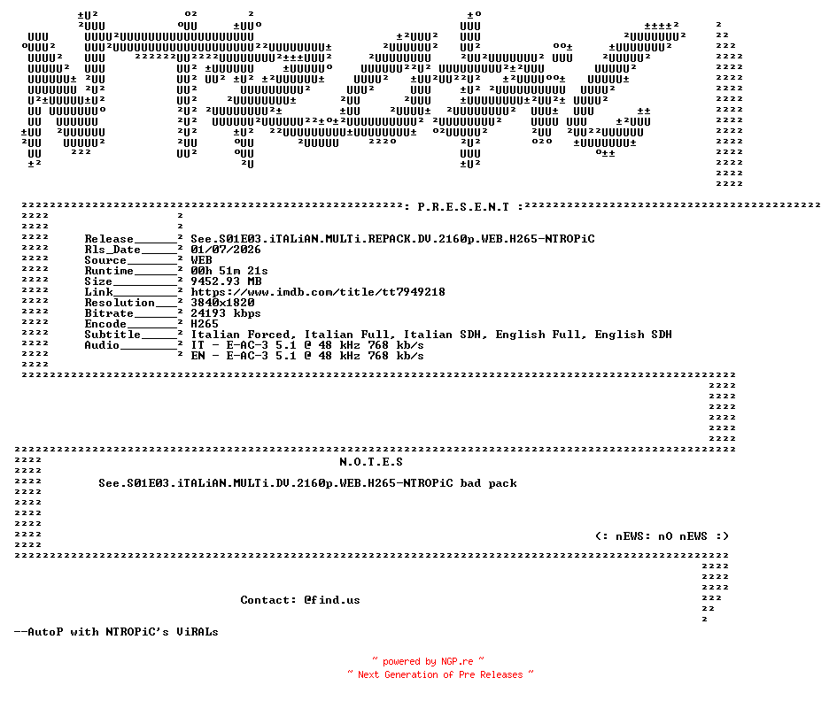 NFO for the release See.S01E03.iTALiAN.MULTi.REPACK.DV.2160p.WEB.H265-NTROPiC by NTROPiC