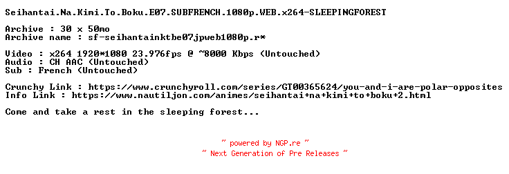 NFO for the release Seihantai.Na.Kimi.To.Boku.E07.SUBFRENCH.1080p.WEB.x264-SLEEPINGFOREST by SLEEPINGFOREST