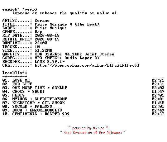 NFO for the release Serane-Prise_Musique_4_(The_Leak)-WEB-FR-2026-ENRiCH by ENRiCH