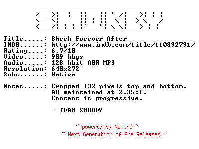 NFO for the release Shrek.Forever.After.2010.NORWEGIAN.BDRip.XviD-SMOKEY by SMOKEY