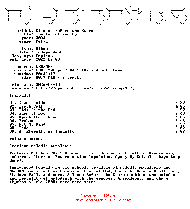 NFO for the release Silence_Before_the_Storm-The_End_of_Sanity-WEB-2022-BLEEDiNG by BLEEDiNG