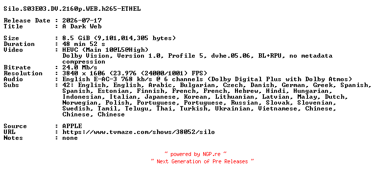 NFO for the release Silo.S03E03.DV.2160p.WEB.h265-ETHEL by ETHEL