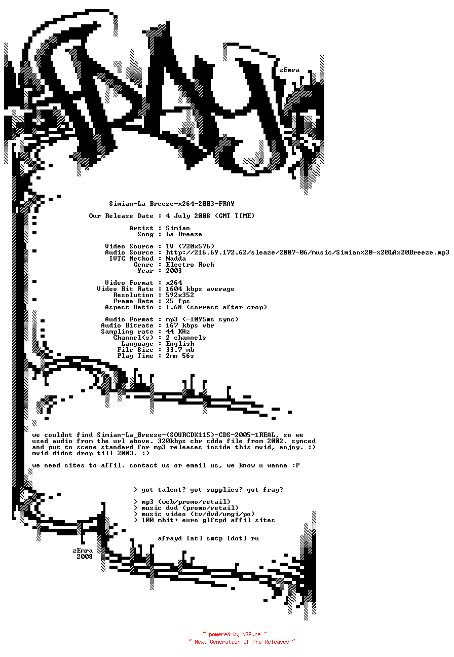 NFO for the release Simian-La_Breeze-x264-2003-FRAY by FRAY