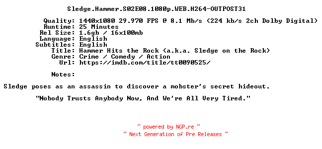 NFO for the release Sledge.Hammer.S02E08.1080p.WEB.H264-OUTPOST31 by OUTPOST31
