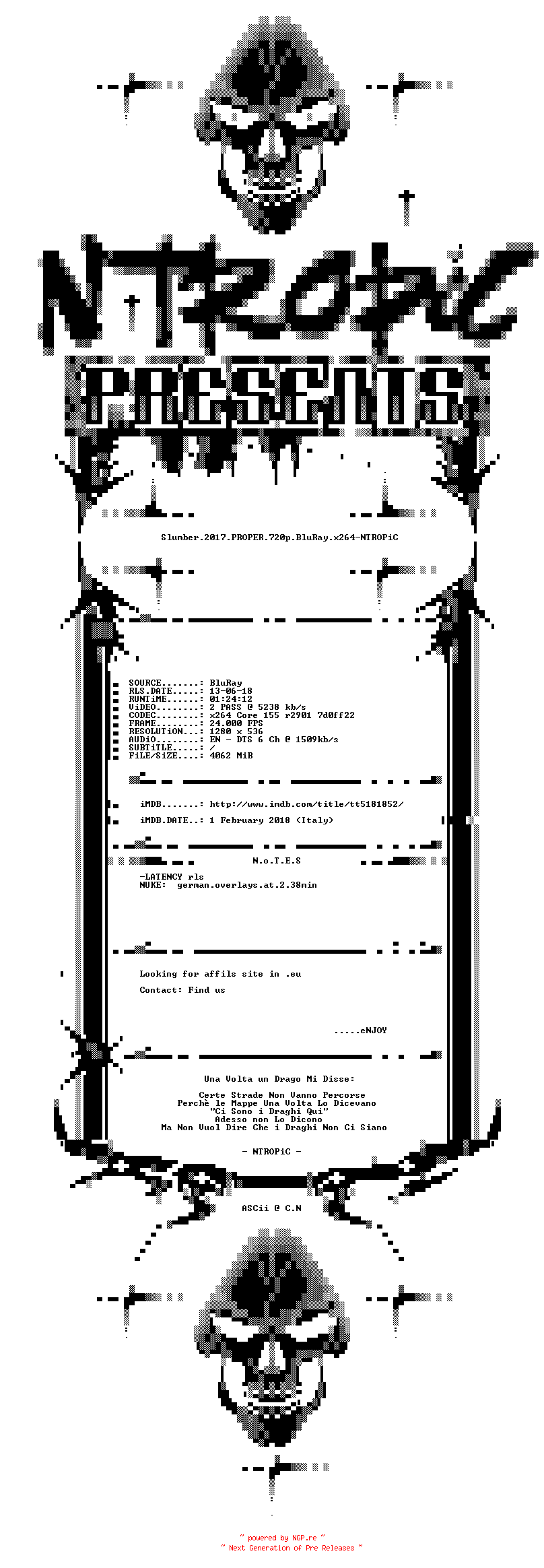 NFO for the release Slumber.2017.PROPER.720p.BluRay.x264-NTROPiC by NTROPiC