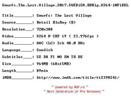 NFO for the release Smurfs.The.Lost.Village.2017.SWEDiSH.BDRip.X264-iNFiDEL by iNFiDEL