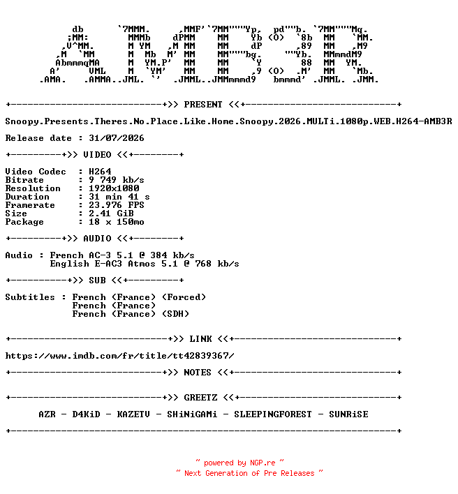 NFO for the release Snoopy.Presents.Theres.No.Place.Like.Home.Snoopy.2026.MULTi.1080p.WEB.H264-AMB3R by AMB3R