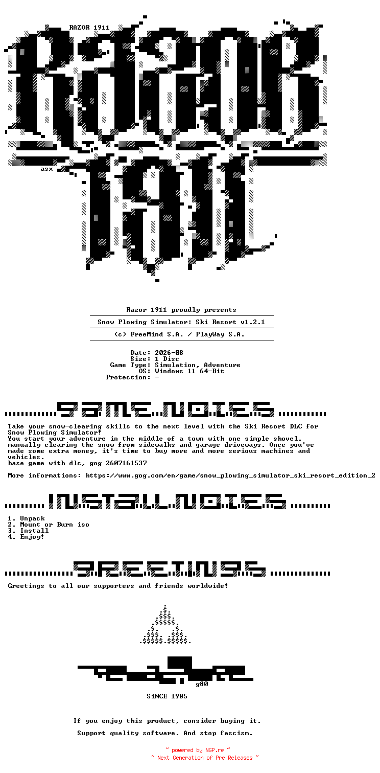 NFO for the release Snow_Plowing_Simulator_Ski_Resort_v1.2.1-Razor1911 by Razor1911