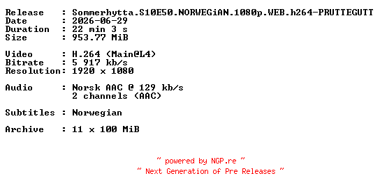 NFO for the release Sommerhytta.S10E50.NORWEGiAN.1080p.WEB.h264-PRUTTEGUTT by PRUTTEGUTT