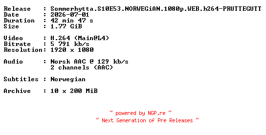 NFO for the release Sommerhytta.S10E53.NORWEGiAN.1080p.WEB.h264-PRUTTEGUTT by PRUTTEGUTT