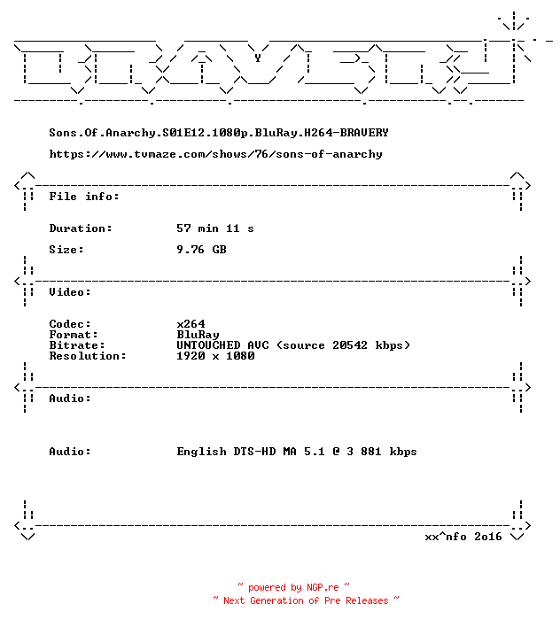 NFO for the release Sons.Of.Anarchy.S01E12.1080p.BluRay.H264-BRAVERY by BRAVERY