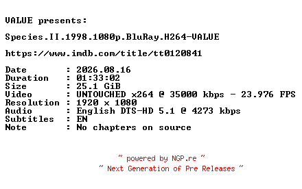 NFO for the release Species.II.1998.1080p.BluRay.H264-VALUE by VALUE
