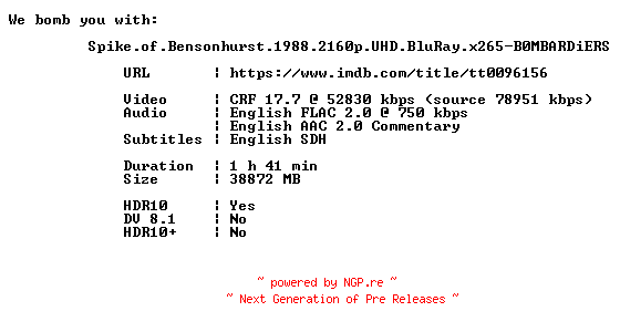 NFO for the release Spike.of.Bensonhurst.1988.2160p.UHD.BluRay.x265-B0MBARDiERS by B0MBARDiERS