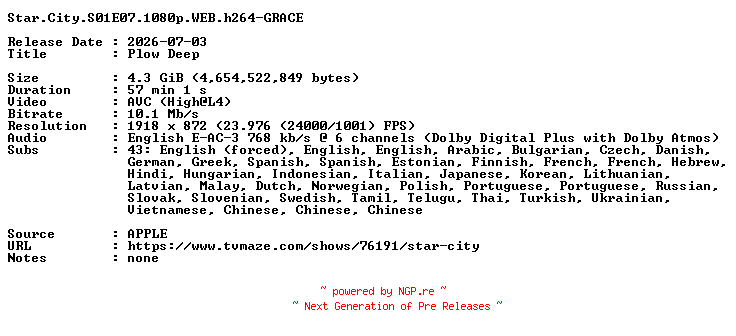 NFO for the release Star.City.S01E07.1080p.WEB.h264-GRACE by GRACE