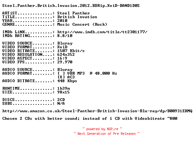NFO for the release Steel.Panther.British.Invasion.2012.BDRip.XviD-BAND1D0S by BAND1D0S