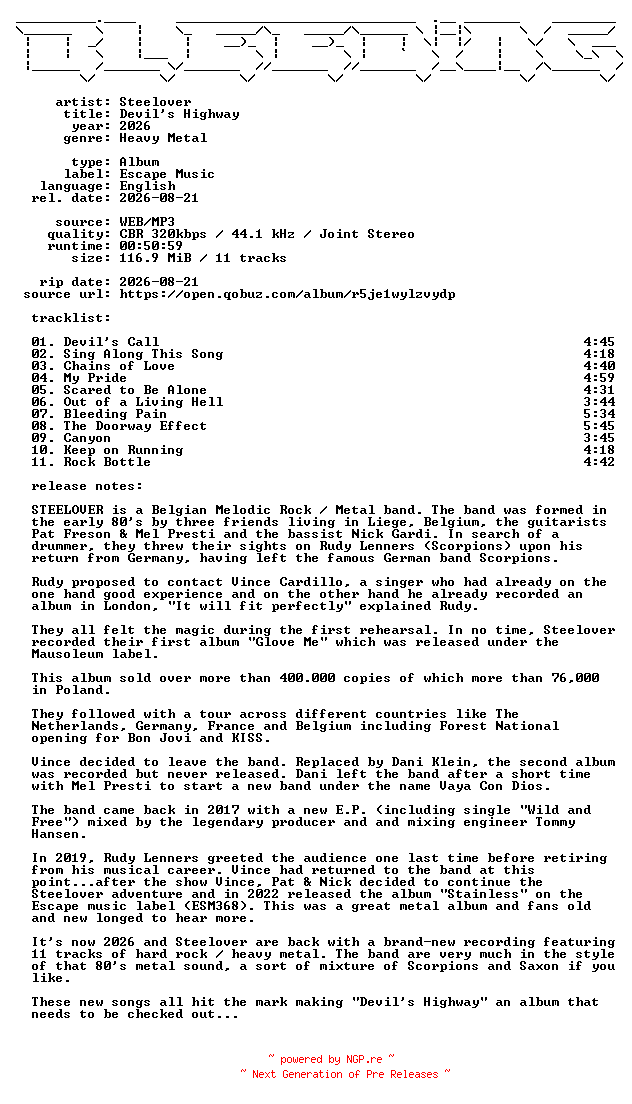 NFO for the release Steelover-Devils_Highway-WEB-2026-BLEEDiNG by BLEEDiNG