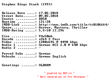 NFO for the release Stephen.Kings.Stark.1993.German.720p.BluRay.x264-SPiCY by SPiCY