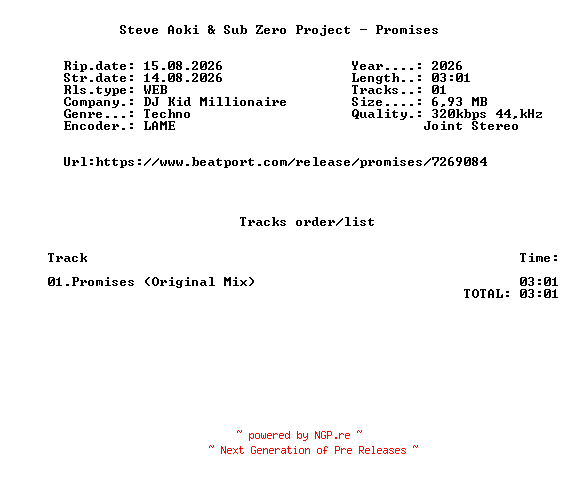 NFO for the release Steve_Aoki_And_Sub_Zero_Project_-_Promises-(DJKM00045PROMISES)-SINGLE-WEB-2026-FMC by FMC