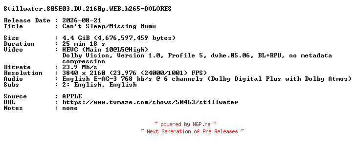 NFO for the release Stillwater.S05E03.DV.2160p.WEB.h265-DOLORES by DOLORES