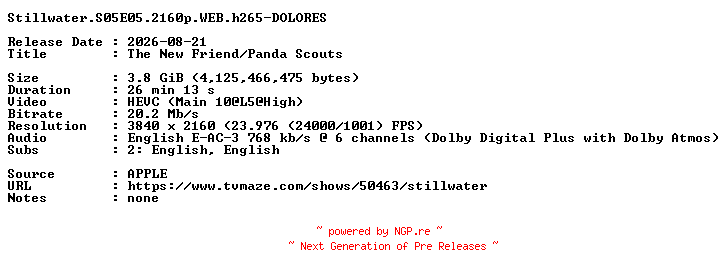 NFO for the release Stillwater.S05E05.2160p.WEB.h265-DOLORES by DOLORES