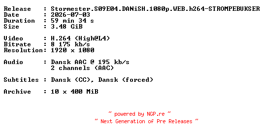 NFO for the release Stormester.S09E04.DANiSH.1080p.WEB.h264-STROMPEBUKSER by STROMPEBUKSER