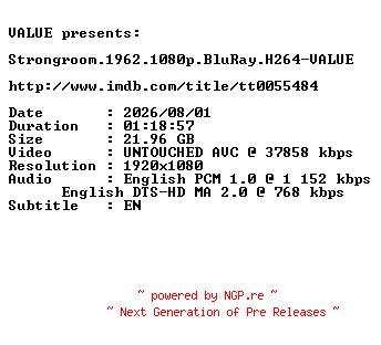 NFO for the release Strongroom.1962.1080p.BluRay.H264-VALUE by VALUE